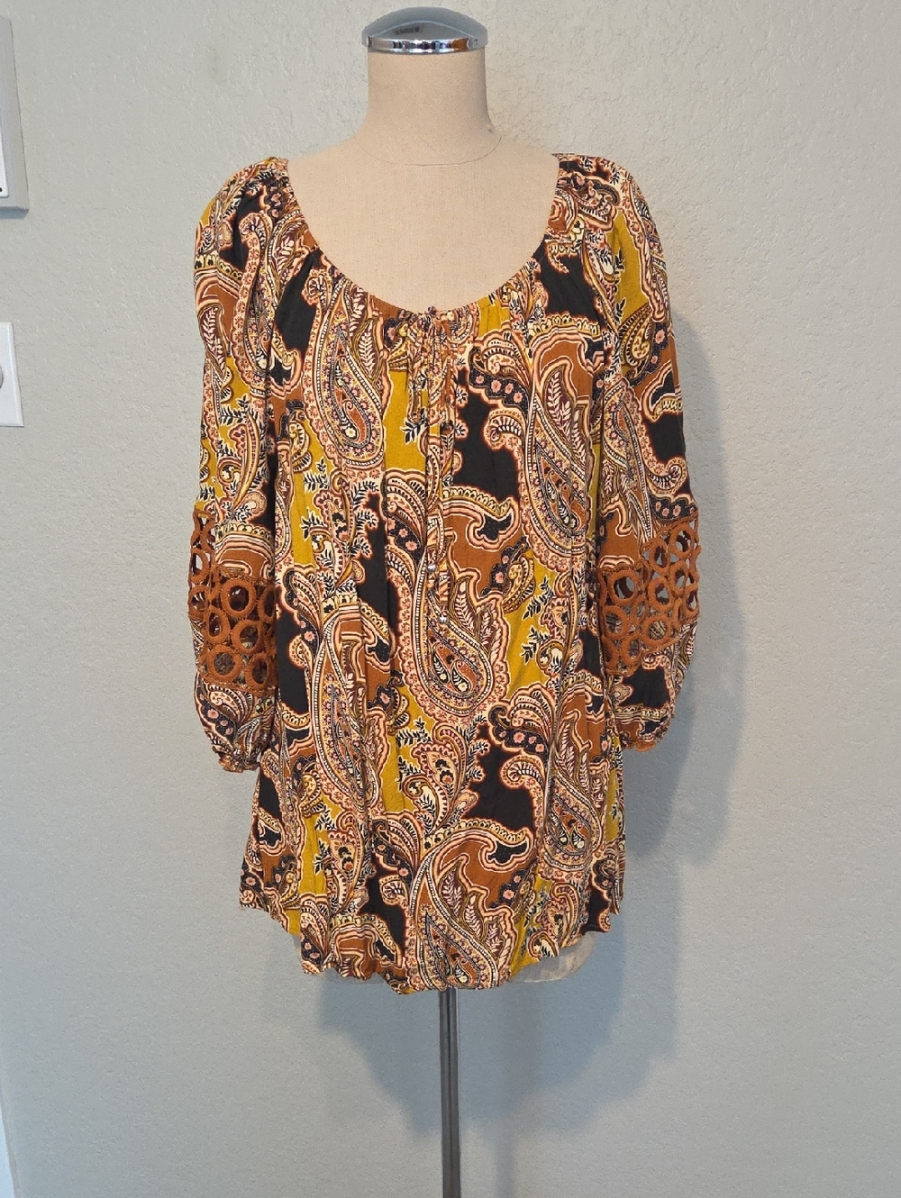 Unique Spectrum Paisley Peasant Tunic in Mustard and Brown 2X